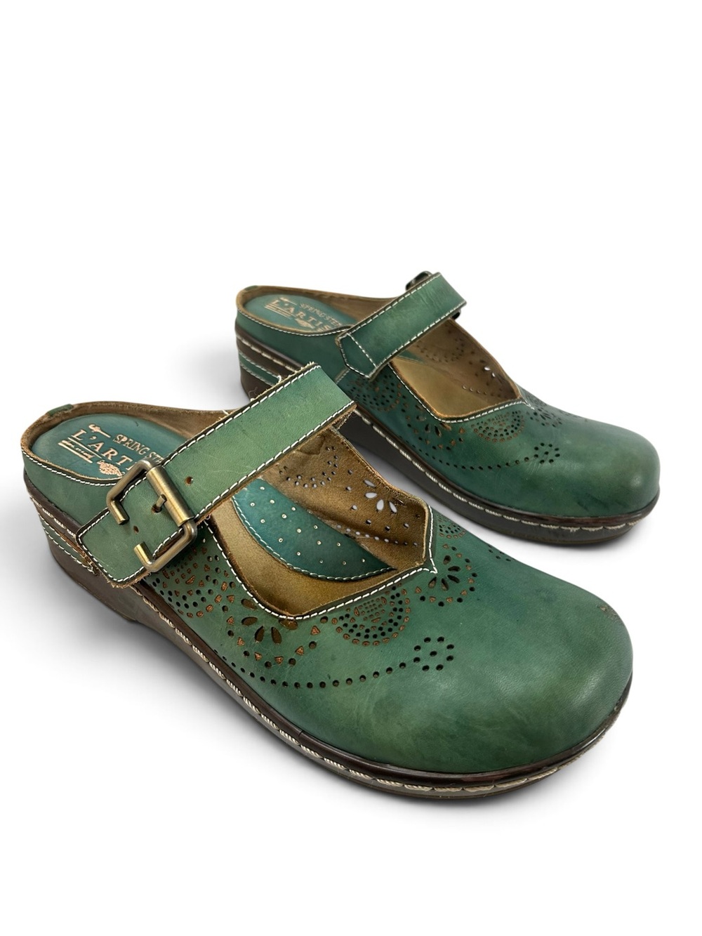 L'Artiste Aneria Clogs Green Leather 39 8-8.5 Artsy Boho Mary Jane Clogs